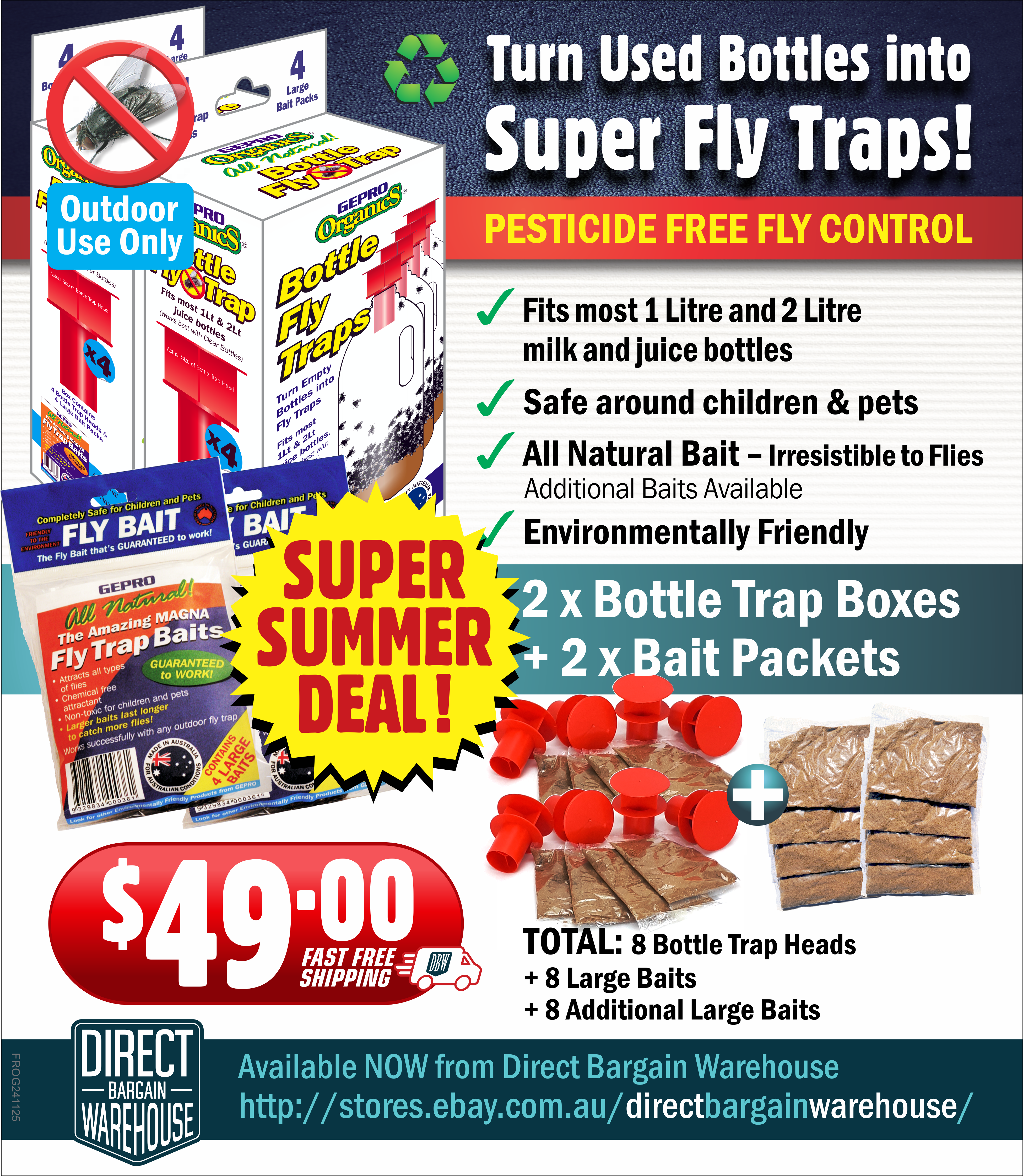 Outdoor Fly Traps - 8 Traps From Empty Bottles - 8 Tops With 8 Extra Large Baits Australian Made