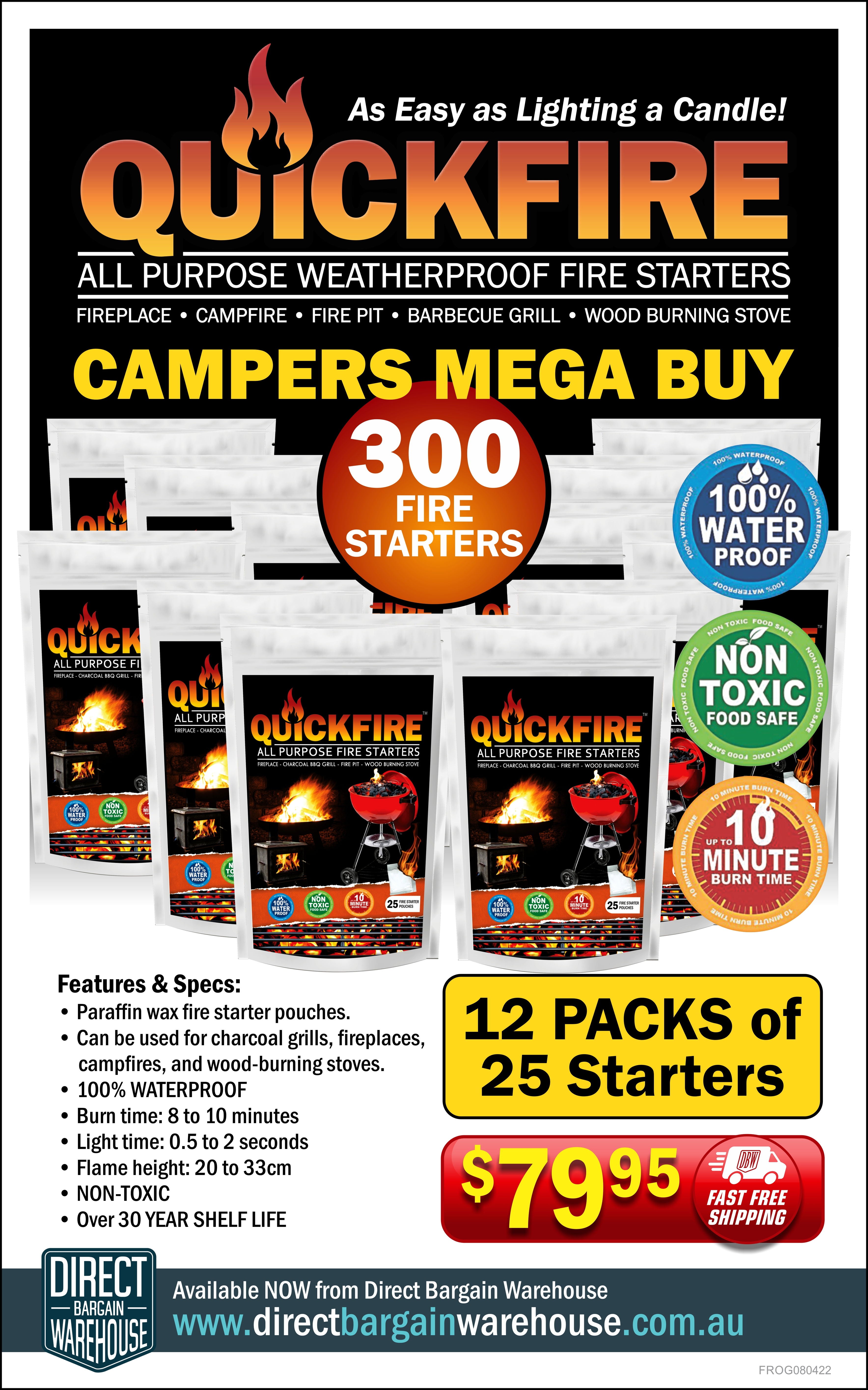 Fire Starters 300 Piece - QUICKFIRE Worlds #1 Waterproof Campers Bulk Buy Free Delivery