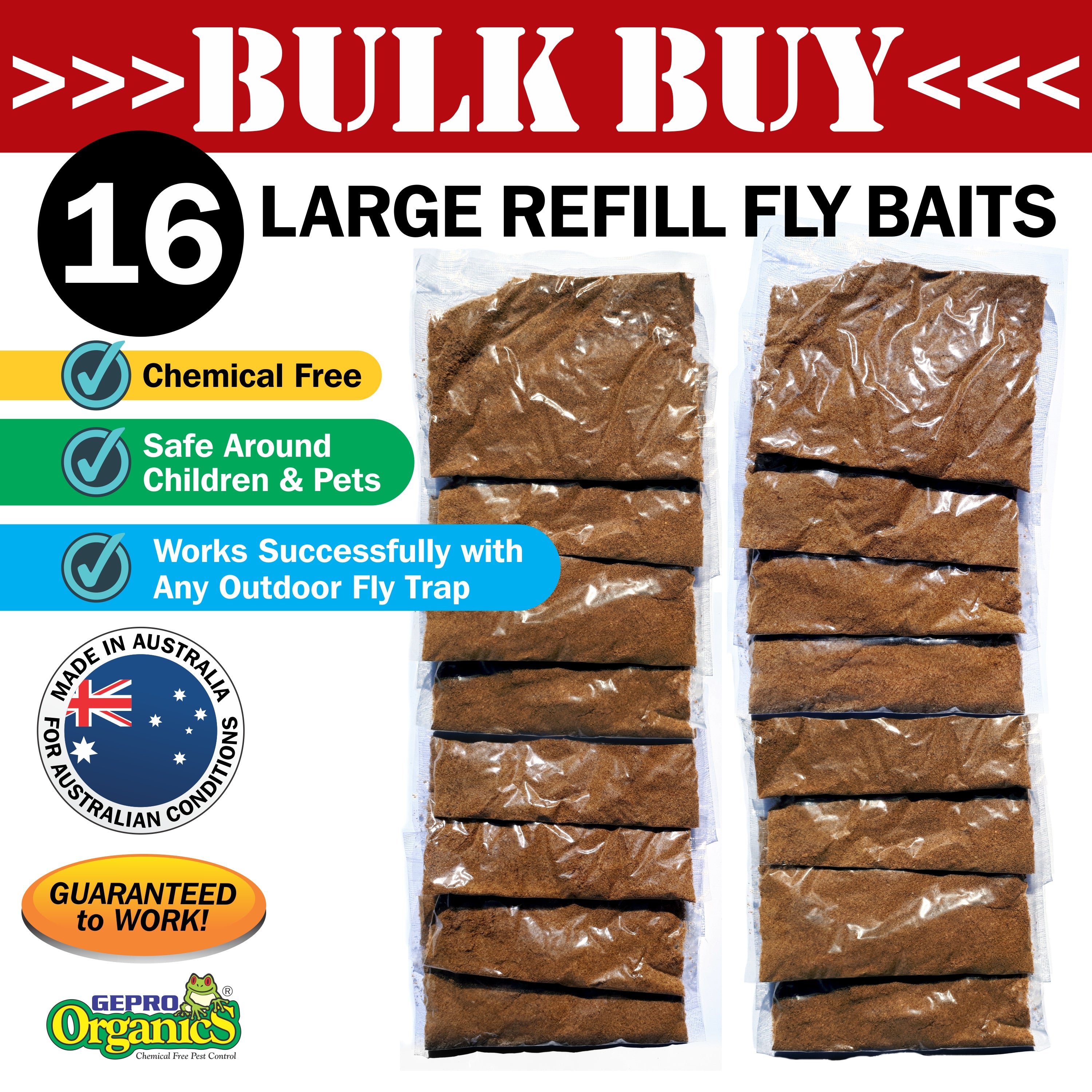 16 Extra Large Fly Trap Bait Refill Sachets - Aussie Made Fly Bait That Works