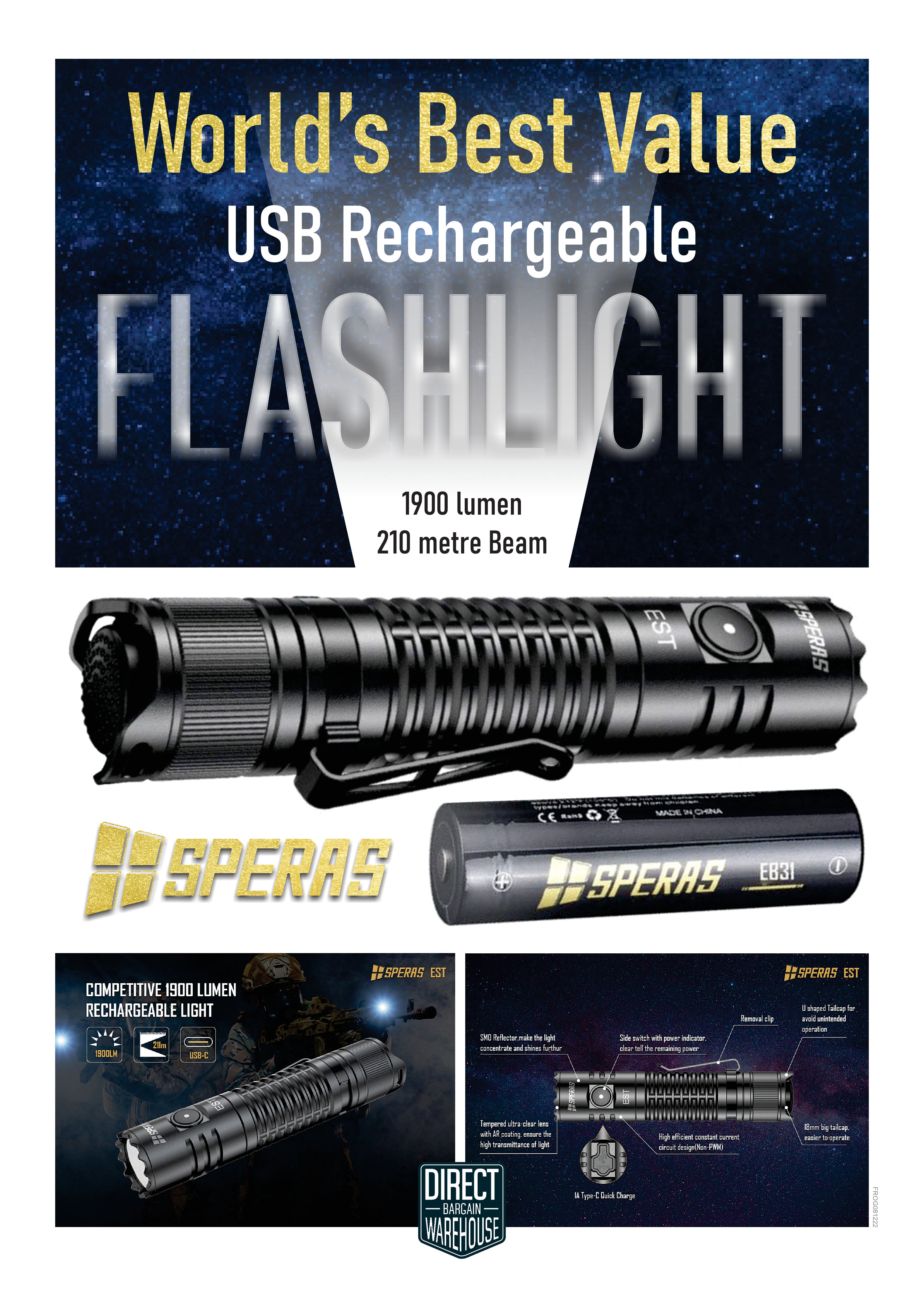 SPERAS High Performance Flashlight 1900 Lumen 210 Metre Distance USB Recharge Save $20